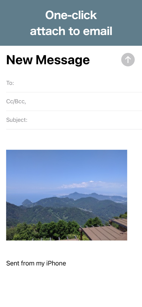 A new email message on iPhone showing a resized landscape photo attached via the one-click feature