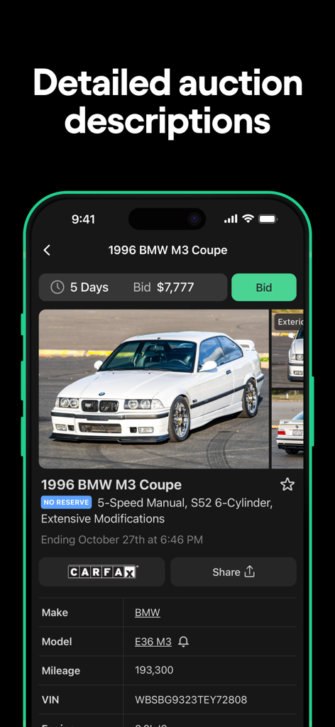 Cars & Bids Auctions - Detailed auction listing for a 1996 BMW M3 on the Cars and Bids mobile app showing specifications and current bid.