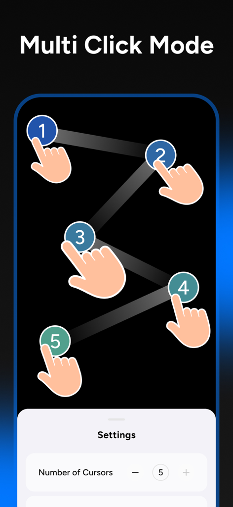 Interfaz de la App Asistente Auto Tapper mostrando el modo de clic múltiple con cinco puntos de toque numerados y configuración de cursores.