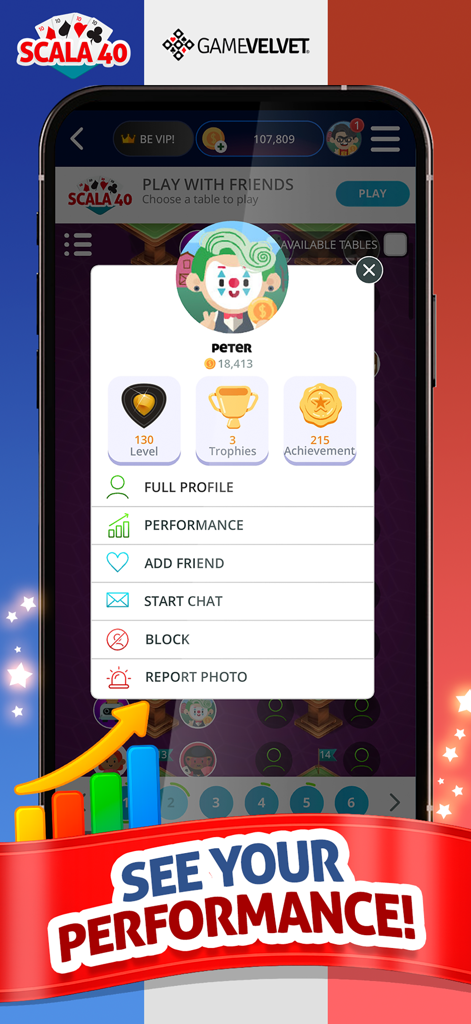 Una schermata del profilo utente nell'app di gioco di carte Scala 40 che mostra il livello del giocatore, i trofei e i risultati.