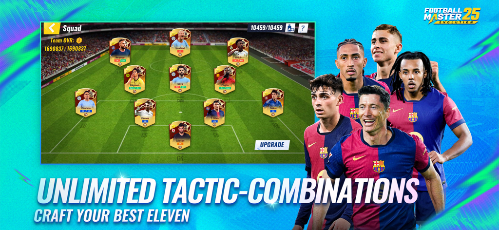 Football Master 2-Soccer Star - Pantalla de gestión de plantilla de Football Master 2 con tarjetas de jugadores profesionales y ajustes de formación táctica