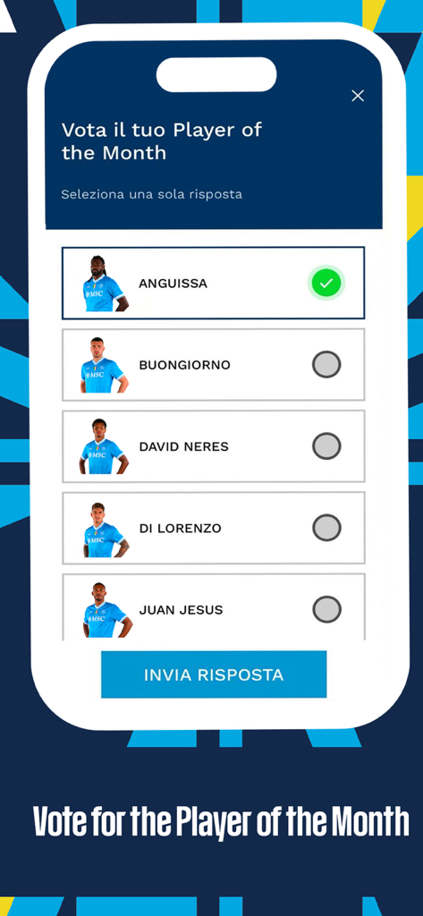 SSC Napoli - Official App - SSC Napoli app screen for voting the Player of the Month featuring a list of players.