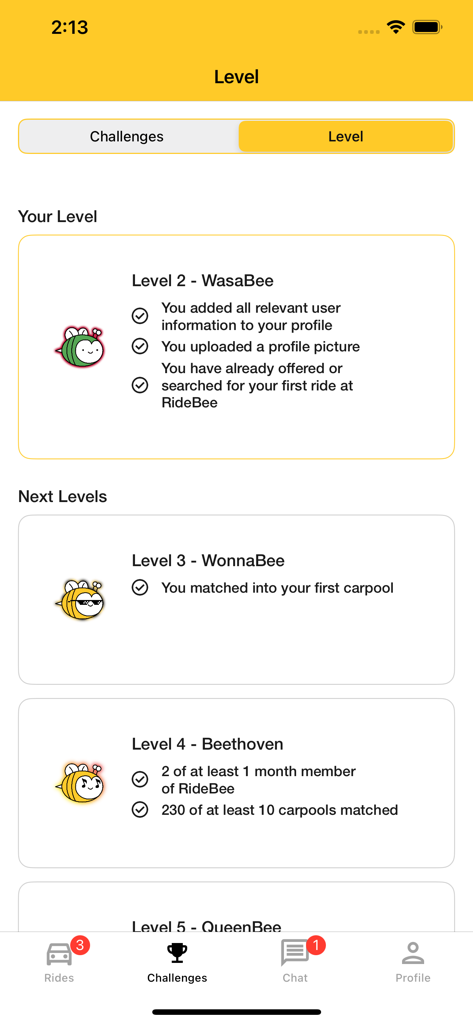 RideBee - RideBee app gamification screen displaying user levels and carpooling achievements