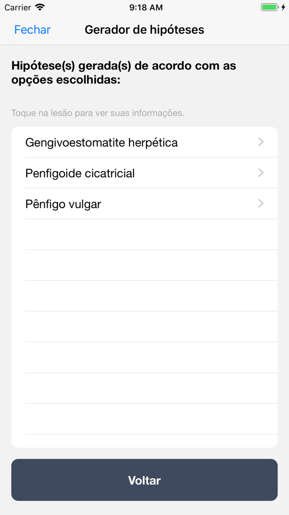 A list of stomatology diagnostic hypotheses within the Bucal app interface