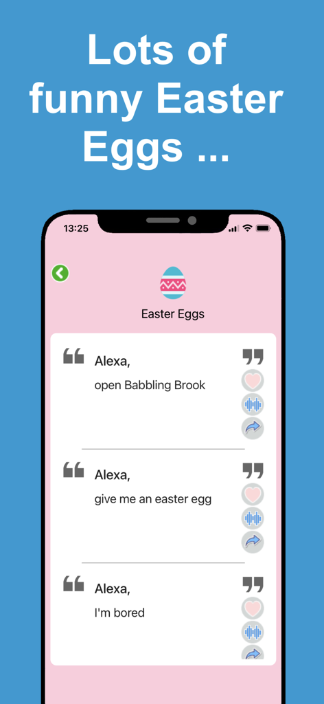 Ask for Amazon Alexa App - A list of funny Alexa easter egg commands displayed in the app interface.