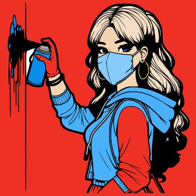 realistic girl with mask spray painting a wall