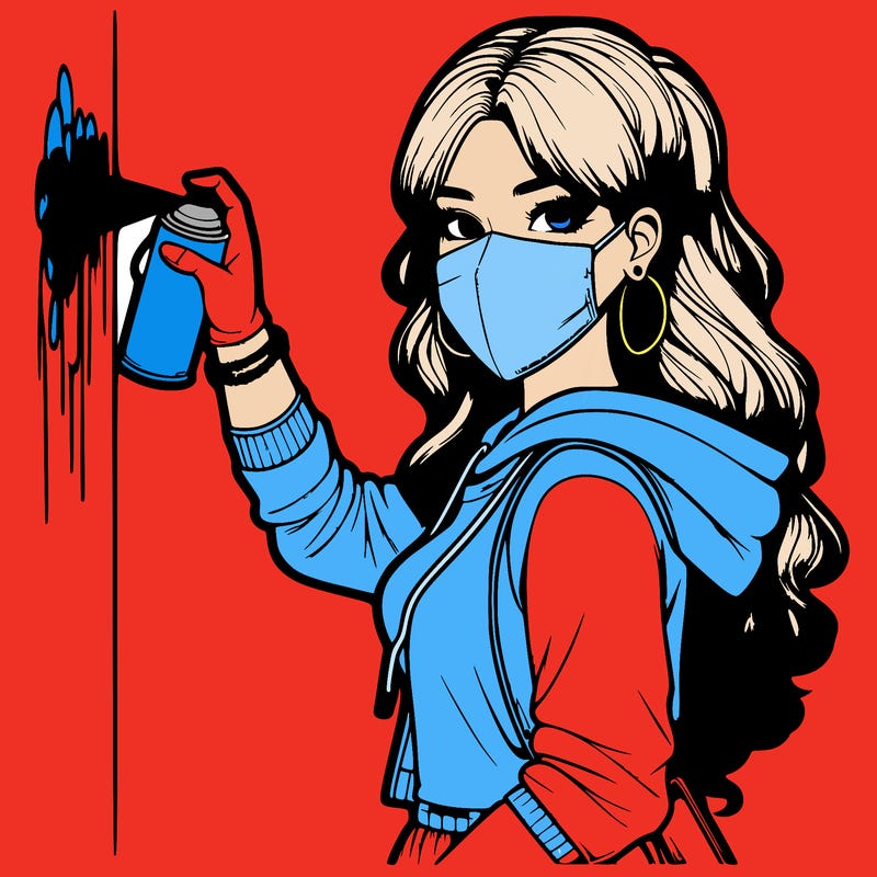 realistic girl with mask spray painting a wall