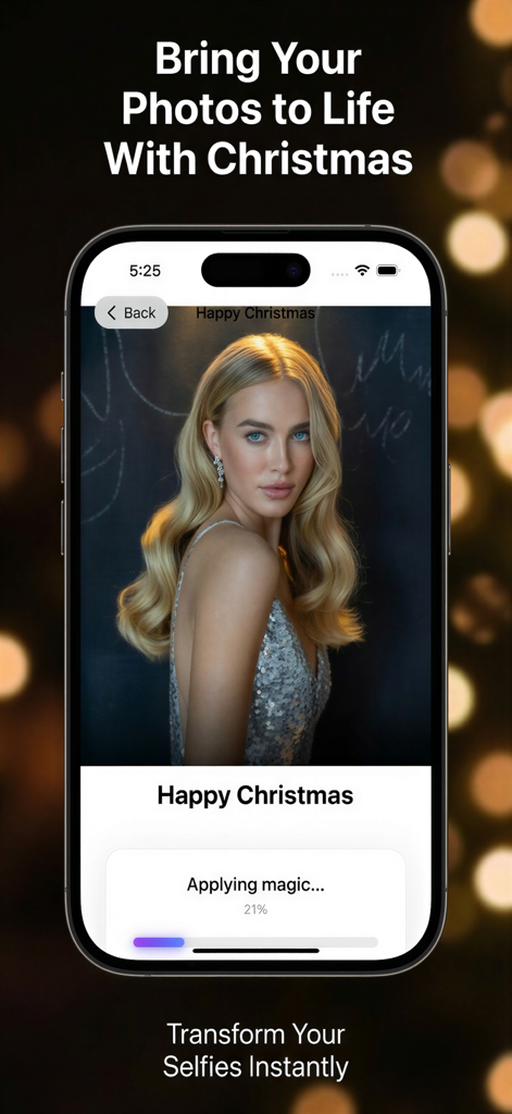 Toon App: Cartoon Photo Editor - Pantalla de smartphone mostrando Toon App aplicando un filtro navideño con IA a la selfie de una mujer