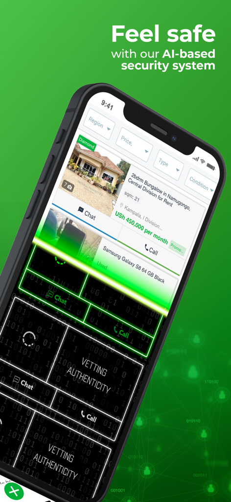 Jiji Uganda - Jiji Uganda app screen demonstrating AI based security vetting and marketplace listings