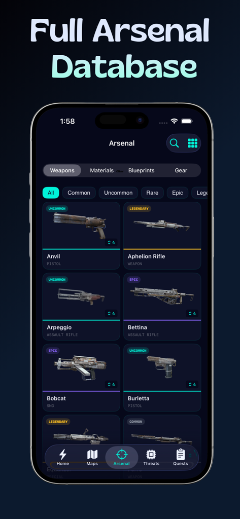 Raiders Map & Live Events - Raidex app screen showing a comprehensive weapons database and gear library for ARC Raiders players.
