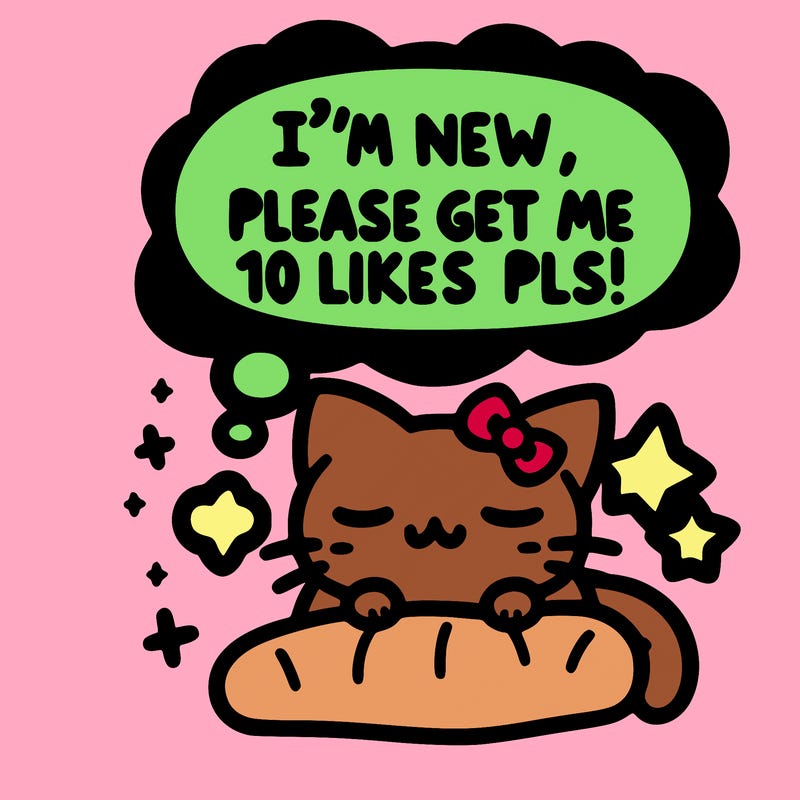 kitty taking a nap dream talking and saying "i'm new, please get me at least 10 likes pls!!"