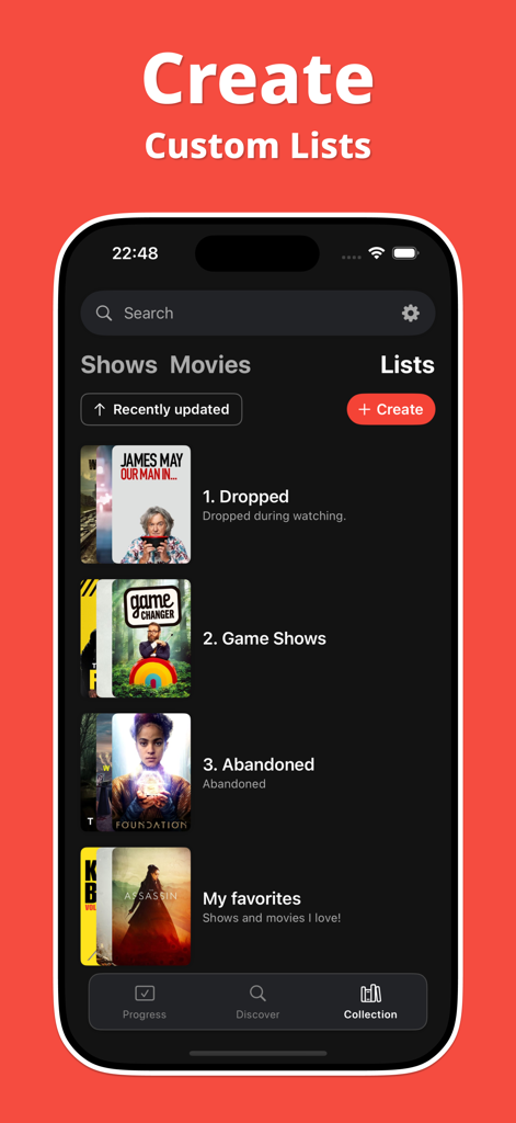 Track Shows & Movies - Showly - Showly app interface showing the custom lists section with movie and TV show categories like My Favorites and Abandoned