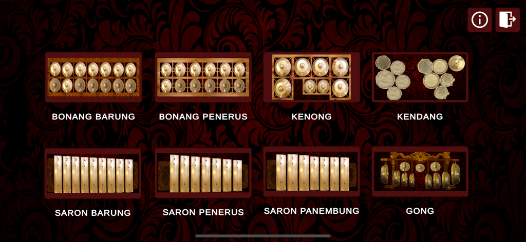 Una pantalla de menú que muestra varios instrumentos de percusión tradicionales indonesios de Gamelan, incluidos Bonang Saron y Gong