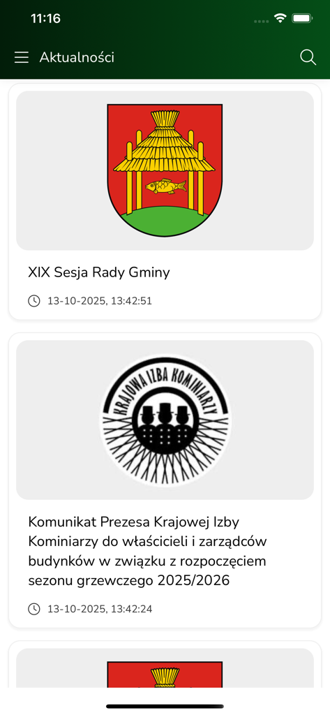 Feed di notizie dell'app mobile Gmina Kolbiel che mostra annunci del governo locale e aggiornamenti sui servizi pubblici.