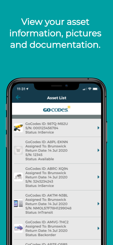 GoCodes Asset Tracking - Screenshot of the GoCodes mobile app showing a detailed list of tracked assets with their status and assigned information