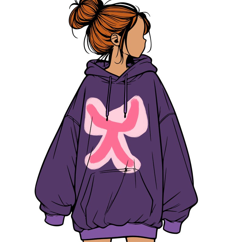 realistic girl with a oversized sweatshirt on and a bun