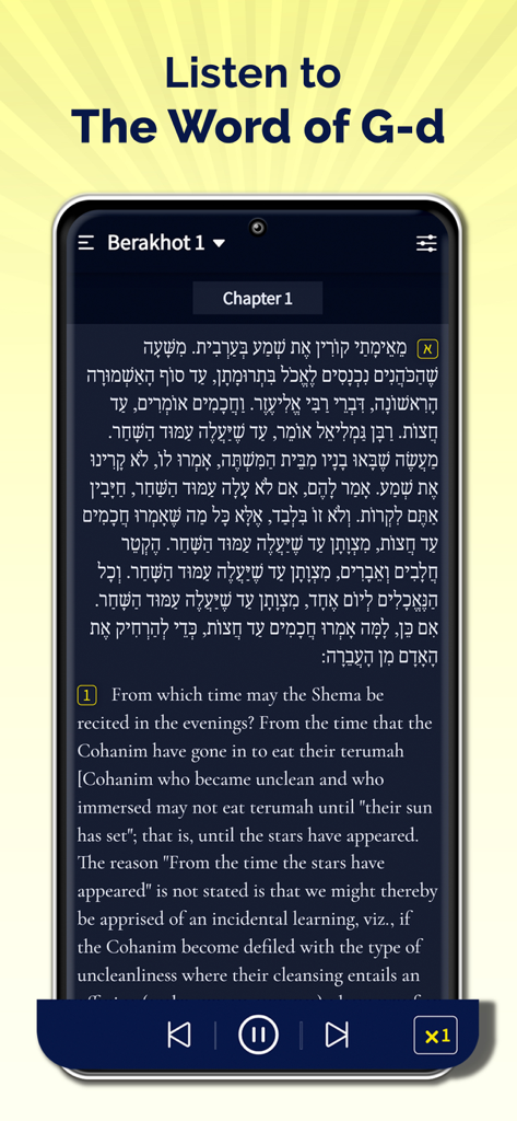 Smartphone displaying the Mishnah Study app with Hebrew and English side-by-side text of Berakhot Chapter 1 and audio playback controls at the bottom.