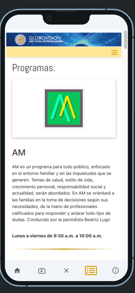 Pantalla de la aplicación móvil Globovision HD que muestra el horario de programas y la descripción del programa matutino AM