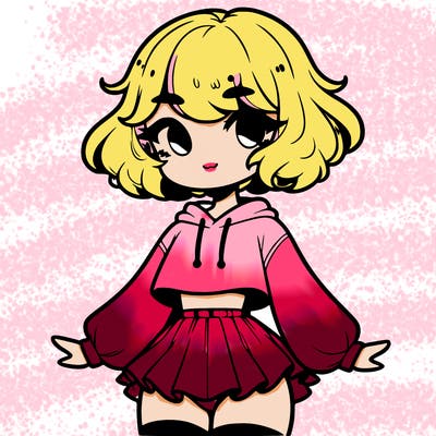 cute femboy with short, fluffy hair that softly frames their face, wearing a cropped hoodie, paired with a flouncy short skirt, and thigh-high stockings