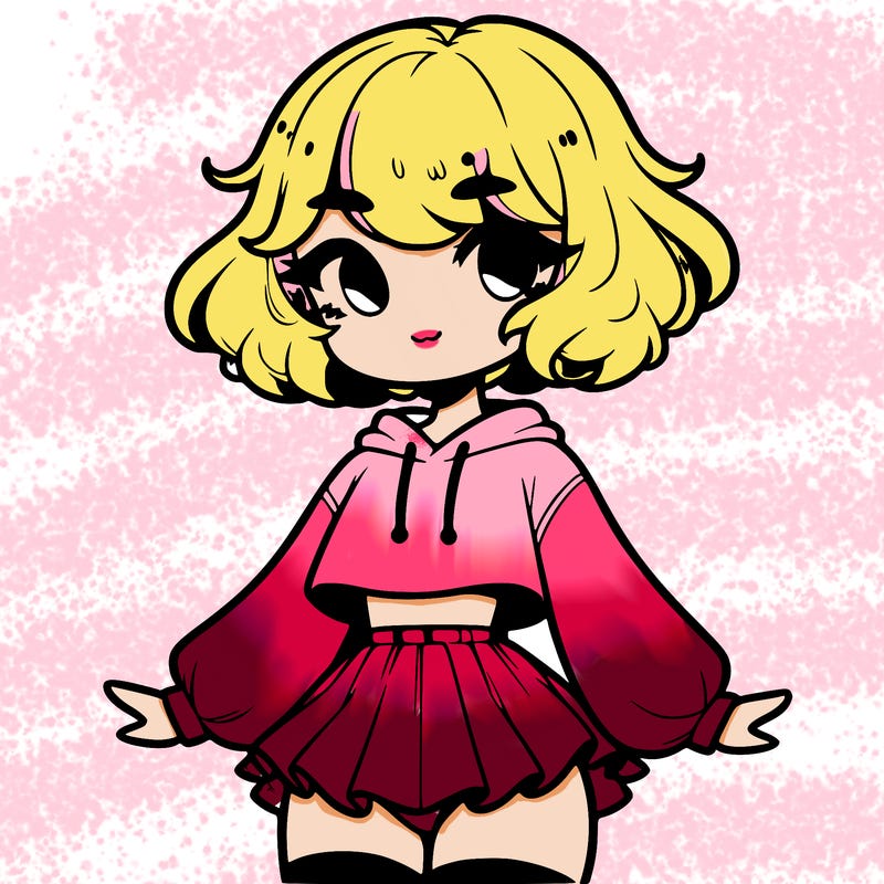 cute femboy with short, fluffy hair that softly frames their face, wearing a cropped hoodie, paired with a flouncy short skirt, and thigh-high stockings