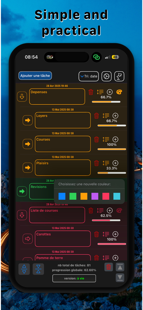 Tableau de bord de l'application mobile affichant des listes de tâches avec des pourcentages de progression et un sélecteur de couleurs.