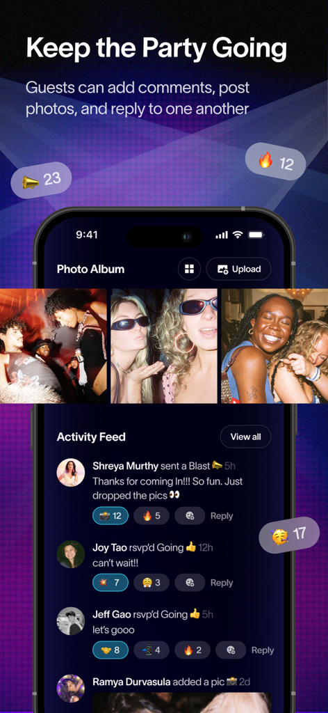 Screenshot der Partiful-App, der ein gemeinsames Fotoalbum und einen Social Activity Feed zeigt, in dem Gäste kommentieren und reagieren können