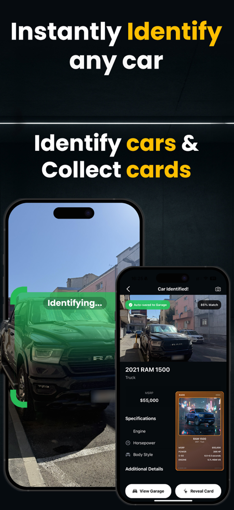 Screenshots of the Car Identifier app showing a car being scanned and the resulting digital collectible card with technical specifications.