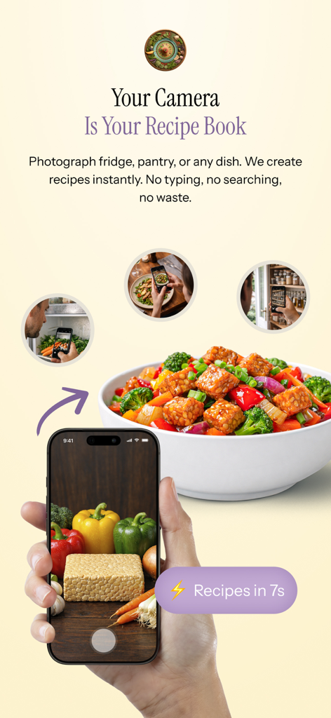 Recipe Roulette - A hand holding a smartphone using the Recipe Roulette app to scan fresh ingredients and instantly generate a recipe in seven seconds