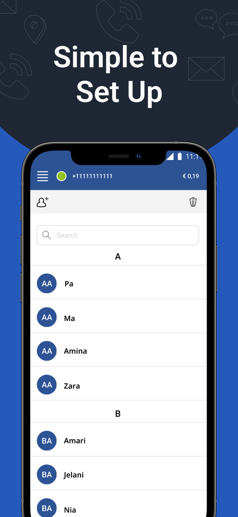 International Calling App:Telz - Telz international calling app contacts list showing simple setup and user interface