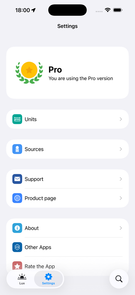 Lux - Sunrise and Sunset - Lux Sunrise and Sunset app settings screen showing Pro version status and menu options