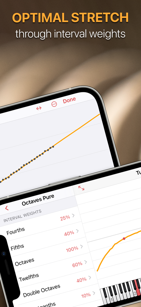 pianoscope – Piano Tuner - Interfaz de la aplicación Pianoscope mostrando los pesos de los intervalos y las curvas de afinación de estiramiento óptimas en un iPhone.