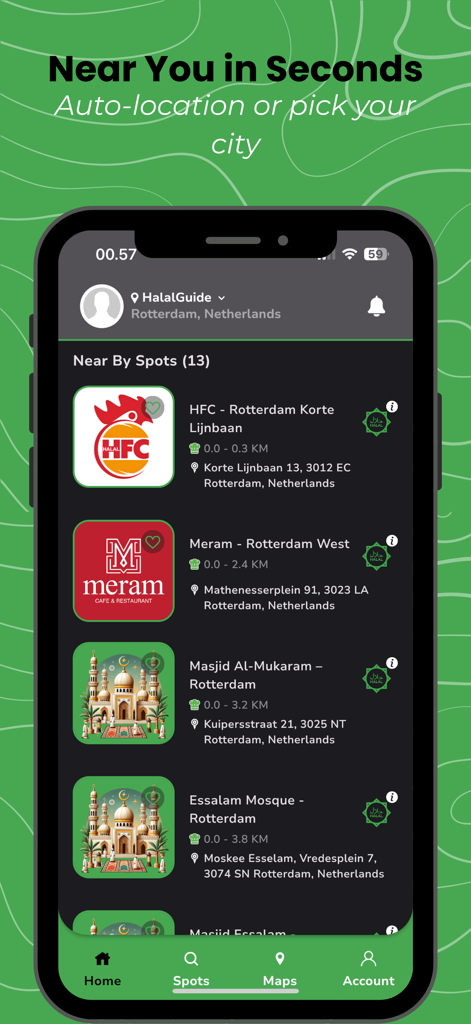 HalalGuide - HalalGuide app interface showing nearby halal restaurants and mosques with location and verification details