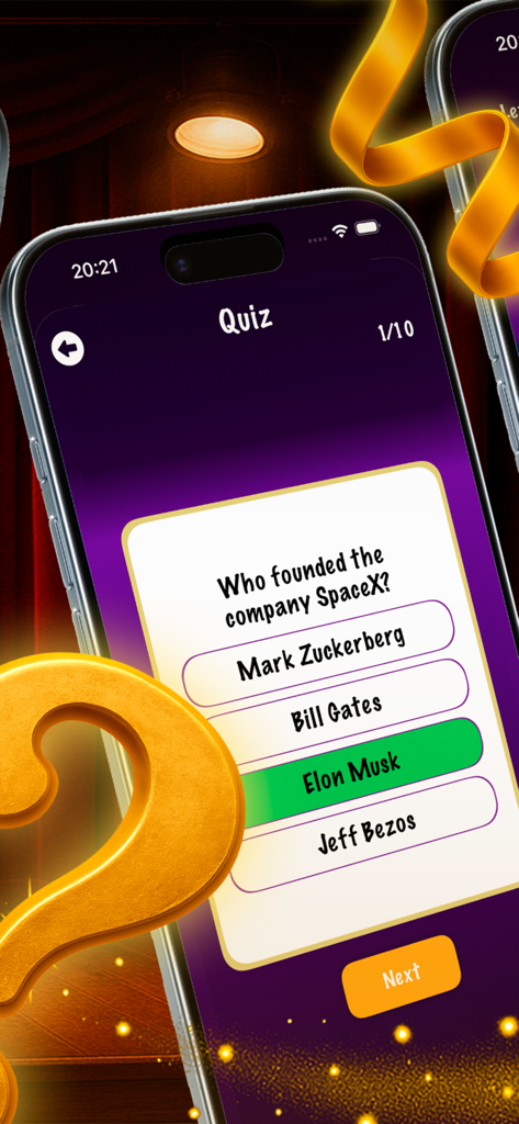 Crazy time:Crazy Mind Boost - SpaceXに関するトリビアの質問と、正解のイーロン・マスクが緑色で選択されているモバイルクイズゲーム画面。