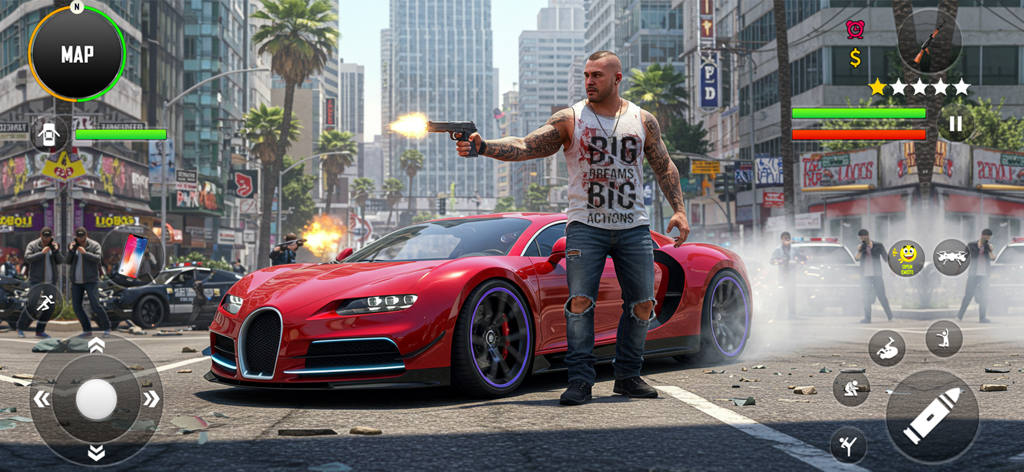 A gangster character with a gun standing by a red supercar in an urban street