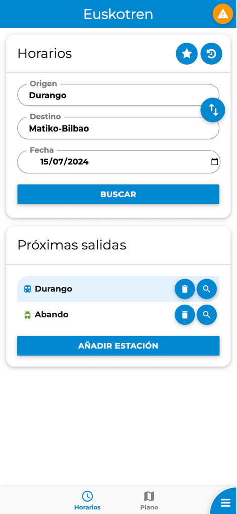 Euskal Tren, Metro y Tranvía - Pantalla de búsqueda de horarios de trenes vascos que muestra rutas y próximas salidas.