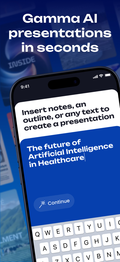 O aplicativo Gamma AI Slide Maker mostrando a tela de entrada de texto para gerar uma apresentação a partir de uma descrição de tópico