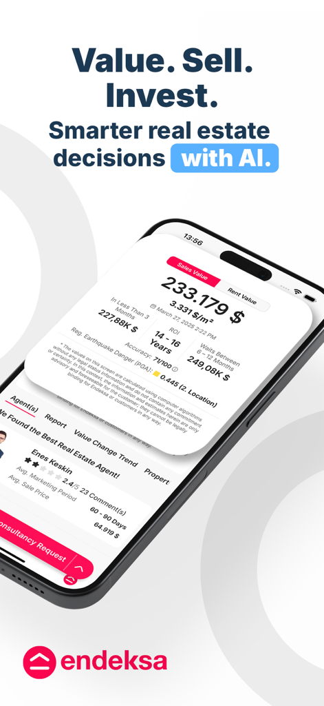 Endeksa: Value & Sell Property - Endeksaモバイルアプリがスマートフォン画面にAI搭載の不動産評価と不動産投資データを示しています