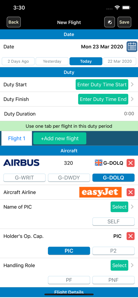 Safelog Pilot Logbook - A screenshot of the new flight entry screen in the Safelog Pilot Logbook app showing fields for date duty times and aircraft details
