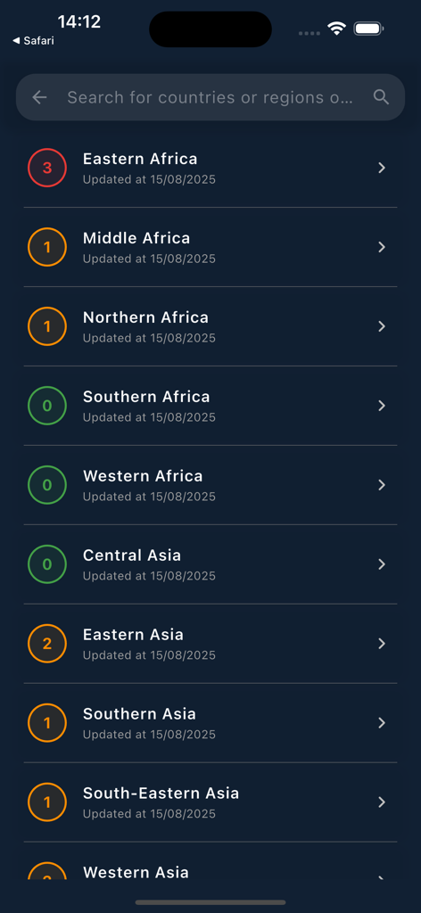 Global Risk - Interface of Global Risk app showing a list of regions and their current alert levels