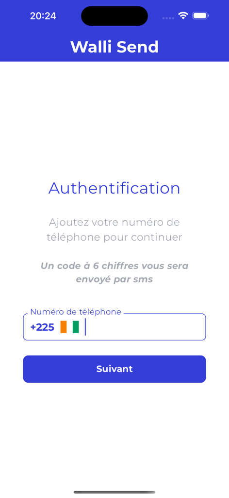 WalliSend - Tela de autenticação do aplicativo WalliSend para inserir um número de telefone com código de país da Costa do Marfim