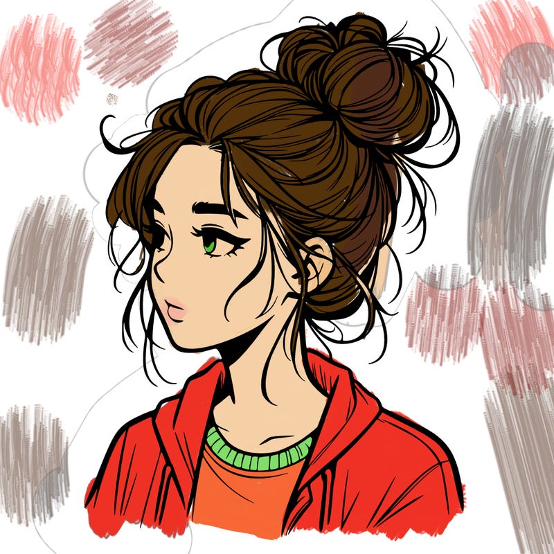 realistic teenage girl with a messy bun