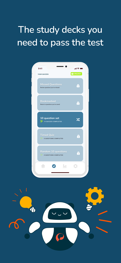 Principles of Supervision DSST app interface showing study quiz options like Timed Quiz and Missed Questions.