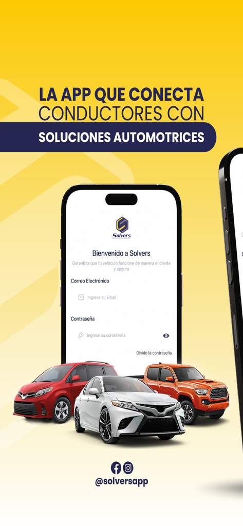 Solvers - Pantalla de bienvenida de la aplicación Solvers para servicios de automoción con un formulario de inicio de sesión y tres vehículos.