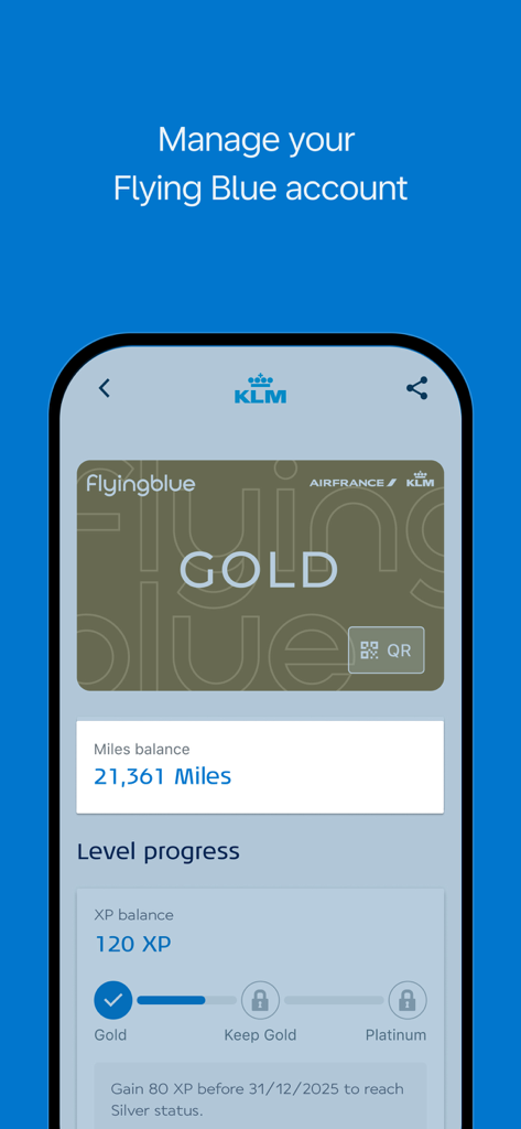 Panel del programa de fidelidad Flying Blue en la app KLM que muestra el estado Gold y el saldo de millas