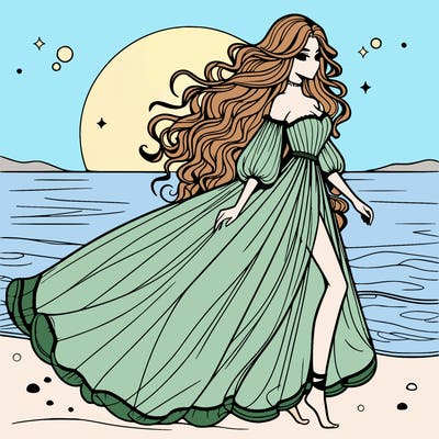 beautiful woman with a vaporous long dress walking on the beach at the noon, detailed art