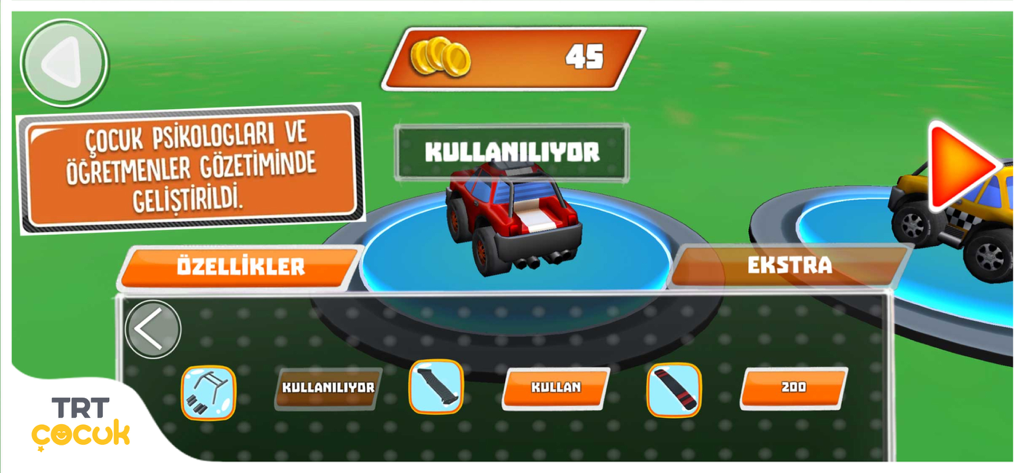 TRT Yarışçı - El menú de personalización de coches y garaje en el juego de carreras TRT Yarisci que muestra un vehículo todoterreno rojo y opciones de mejora