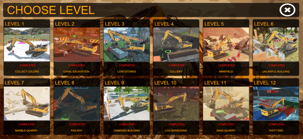 Level selection menu showing twelve different construction missions in the Excavator Simulator REMAKE mobile app.