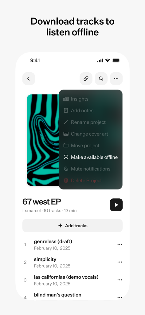 A screenshot of the untitled app displaying a menu with the make available offline option for a music project.
