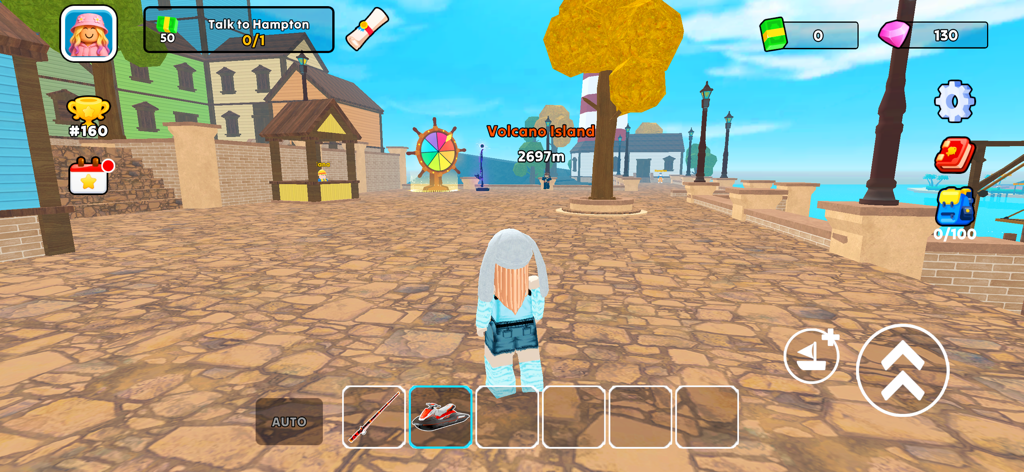 Fish It 낚시 게임에서 활기찬 해안 마을을 탐험하는 아바타