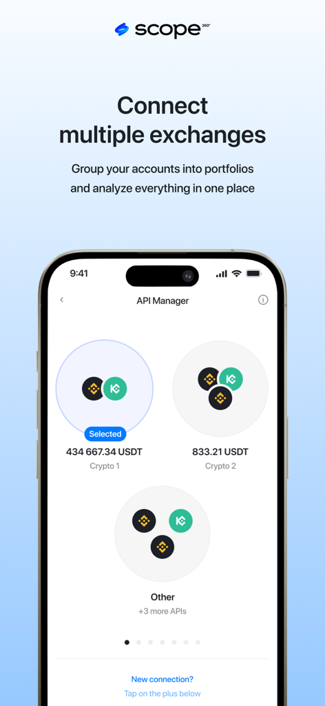 Scope 360° - Interface of Scope 360 app showing API Manager for multiple crypto exchange connections and portfolio tracking